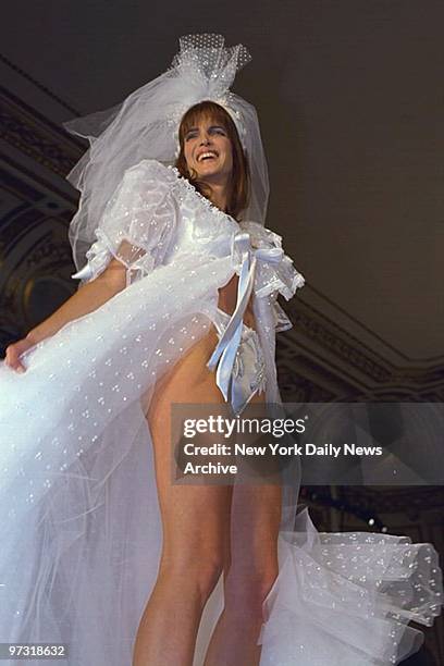 Stephanie Seymour modeling a bridal outfit at the Victoria's Secret Valentine Fashion Show at the Plaza Hotel.
