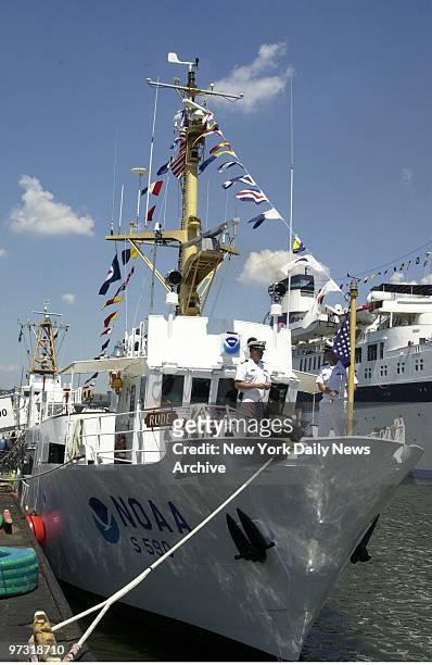 Survey ship Rude is on hand at Hudson River Pier 88 in time to take part in Fourth of July festivities. Officers James Verlaque and James Crocker are...
