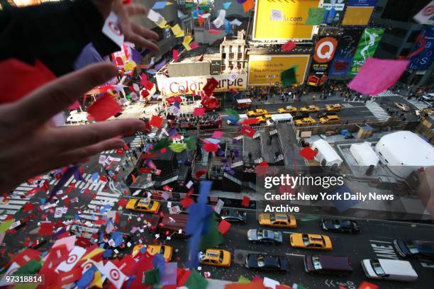 Members of the Times Square Alliance and Countdown Entertainment conduct the annual "airworthiness test" of confetti that will be used for the New...