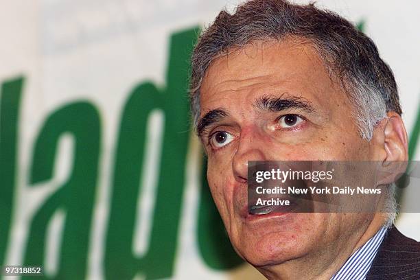 Green Party candidate Ralph Nader speaks at a National Press Club news conference. Nader argued for being included in the upcoming presidential...