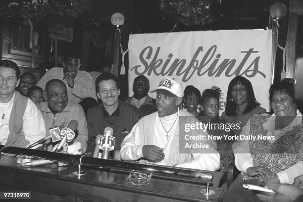 Stephon Marbury Reads a statement with assistant coach Berard Bell, his father Don Marbury and head coach Bobby Hartstein. His mother Mabel and...