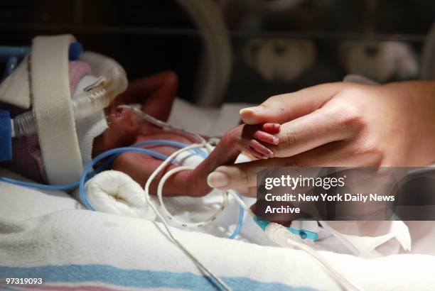 Nurse holds the tiny hand of quintuplet Moqbekeleo Luwa, whose name means "my trust is in God," as the baby rests in an incubator in the neonatal...