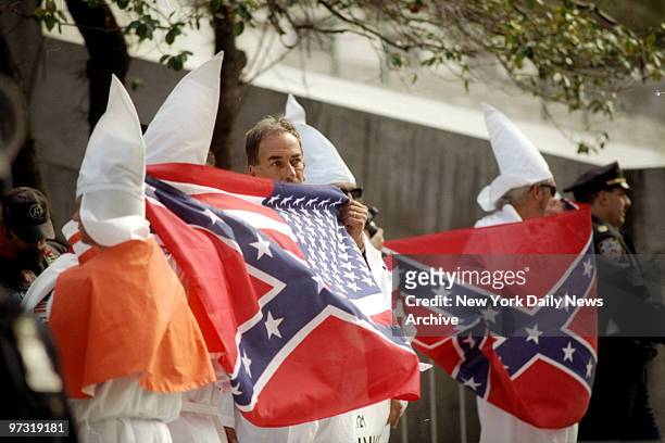 Members of the Ku Klux Klan hold a rally at Foley Square near the New York State Supreme Court House.