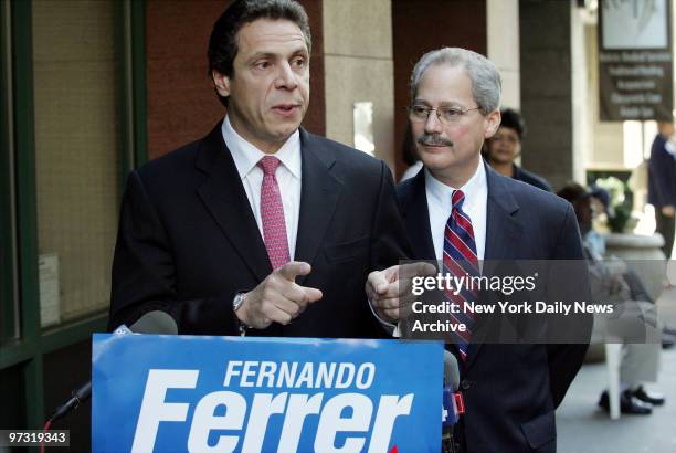 Democratic mayoral candidate Fernando Ferrer and former HUD Secretary Andrew Cuomo discuss affordable housing during a campaign stop at Kenmore Hall...