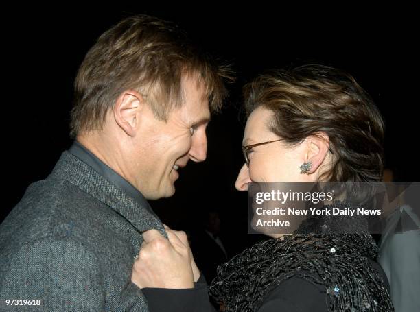 Meryl Streep greets Liam Neeson at the Actors' Fund of America's "Razzle Dazzle " Gala at Cipriani's. Streep received the Funds' Lee Strasberg...