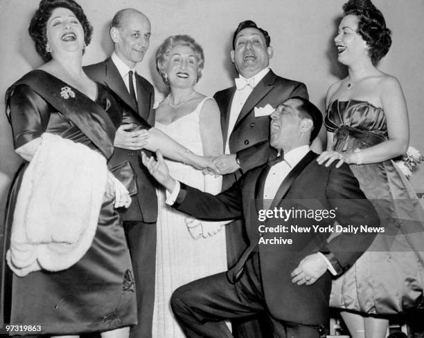 Grand Opera tribute to Richard Tucker's 25th wedding anniversary. Left to right are: Zinka Milanov, Met director Rudolph Bing, Mr. And Mrs. Tucker,...