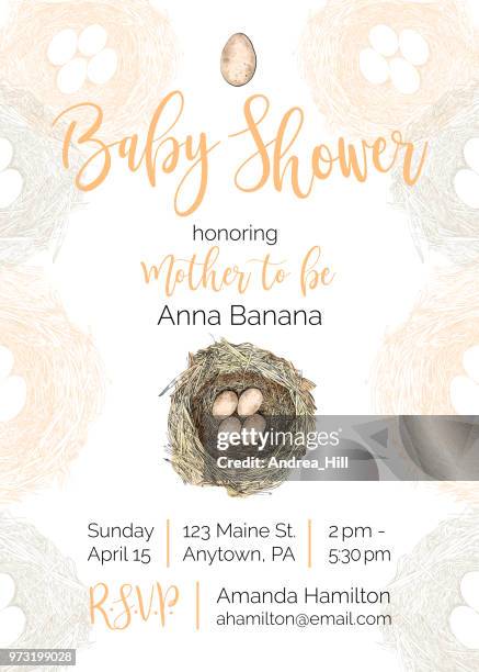 illustrazioni stock, clip art, cartoni animati e icone di tendenza di modello di progettazione dell'invito per baby shower vector bird nest - baby invitation shower