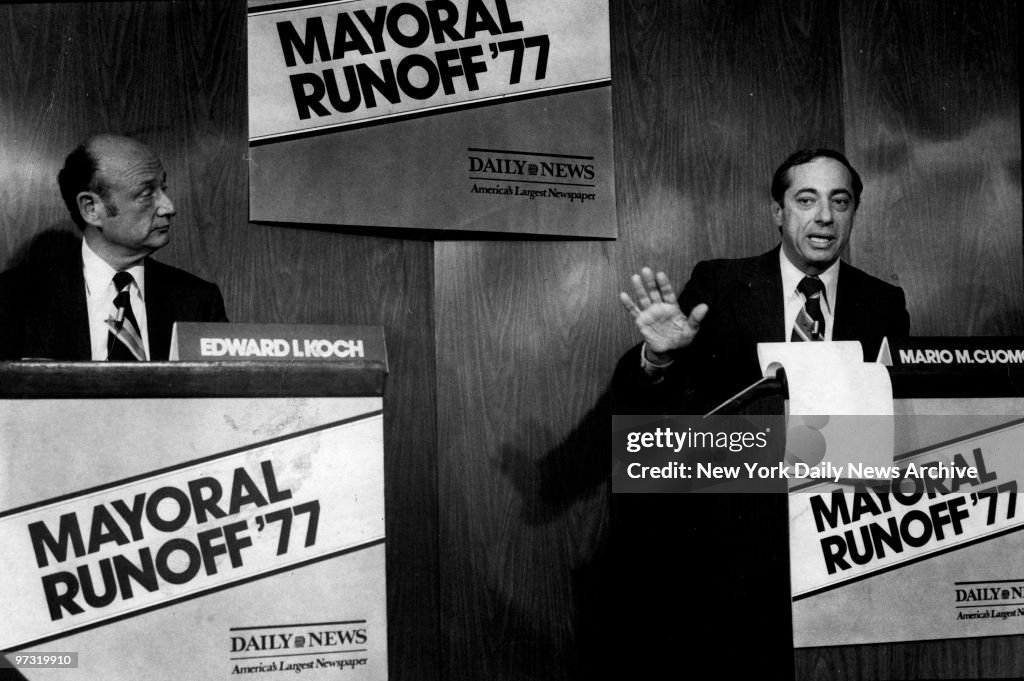 Democratic mayoral candidates Ed Koch (l.) and Mario Cuomo (