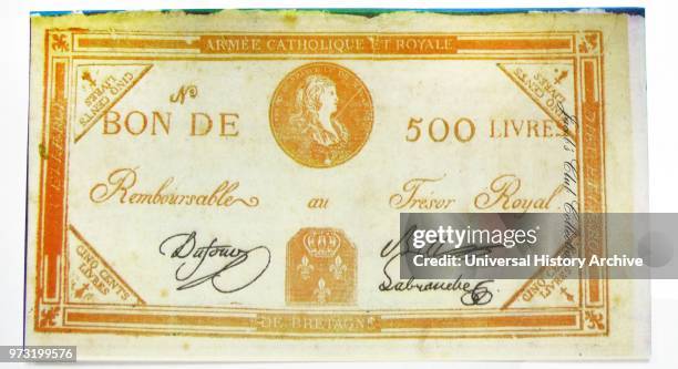 French Revolution Royalist 500 Livres. Banknote which shows the head of Louis XVIÕs son and was the Royalist answer to the execution of their King.