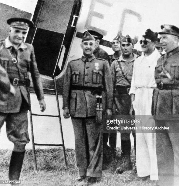 July 1936 General Francisco Franco receives the diplomat Jose Antonio Sangr—niz. Falangista. One of the first conspirators. An airplane will be...