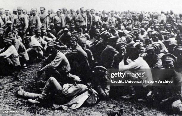 Captured Russian soldiers as prisoners of war. After the Battle of Tannenberg was fought between Russia and Germany from 26-30 August 1914. This...