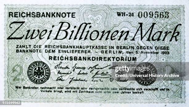 Two Billion Reichsmark banknote issued 5th November 1923. By Germany's Central Bank. During the Hyper-inflation period.