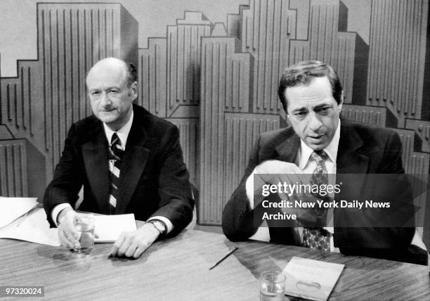 Democratic mayoral primary runoff candidates Ed Koch and Mario Cuomo in a TV debate.