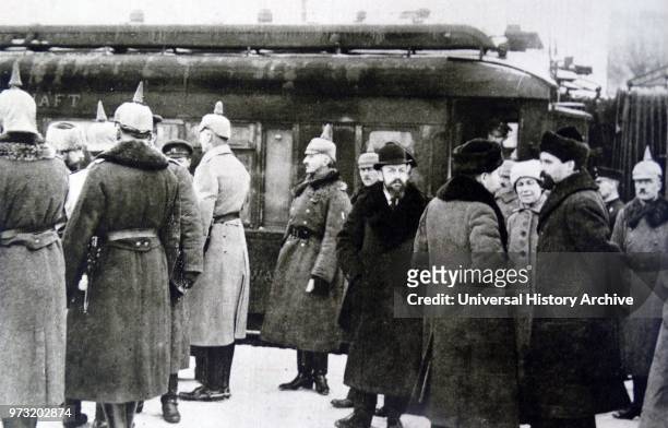 Russian negotiators arrive to discuss the proposed Treaty of Brest-Litovsk. The treaty was signed on 3 March 1918 between the new Bolshevik...