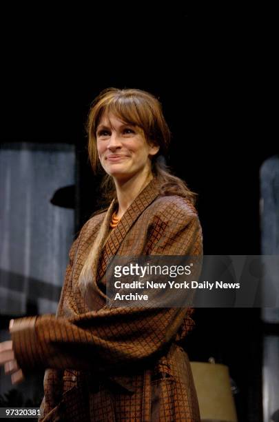 Julia Roberts smiles during the curtain call on the opening night of the Broadway production of "Three Days of Rain" at the Bernard B. Jacobs Theatre...