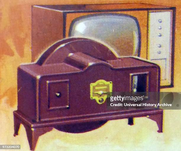 Brooke Bond collectors tea card. Depicting: The First Television and a 1960's TV set. By the 1920s. When amplification made television practical....