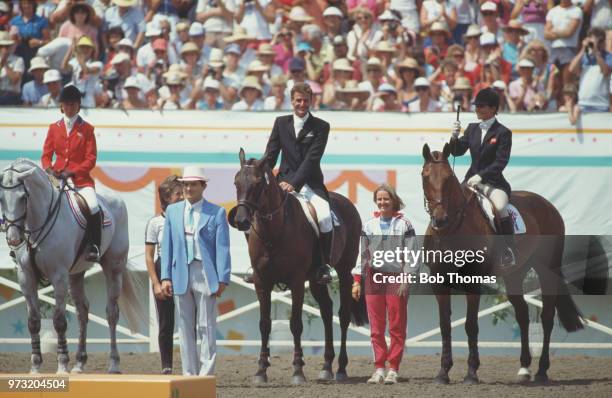 View of the medal winners from the Individual eventing competition, from left, silver medallist Karen Stives of the United States, gold medallist...