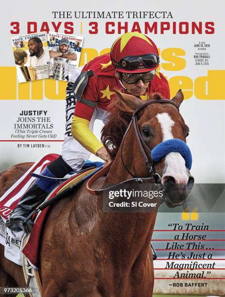 June 18, 2018 Sports Illustrated via Getty Images Cover: Horse Racing: Belmont Stakes: Mike Smith in action, approaching finish line to win race...
