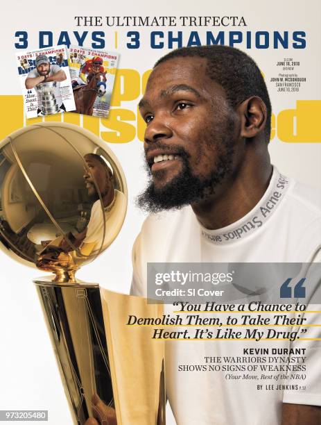 June 18, 2018 Sports Illustrated via Getty Images Cover: Basketball: Casual portrait of Golden State Warriors forward Kevin Durant posing with Larry...
