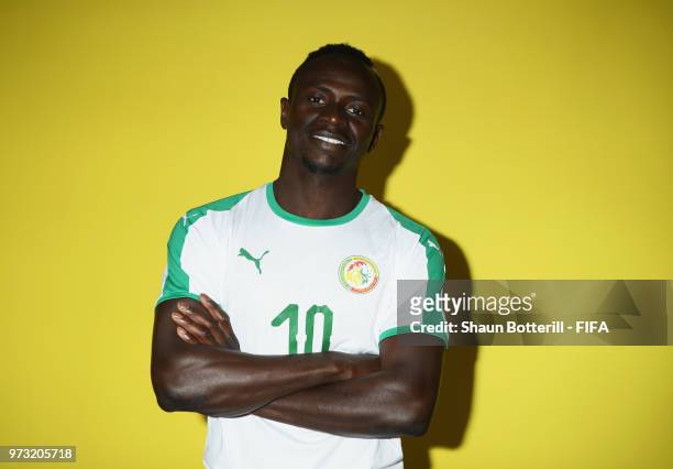 Sadio Mane of Senegal poses for a portrait during the official FIFA World Cup 2018 portrait session at the team hotel on June 13, 2018 in Kaluga,...