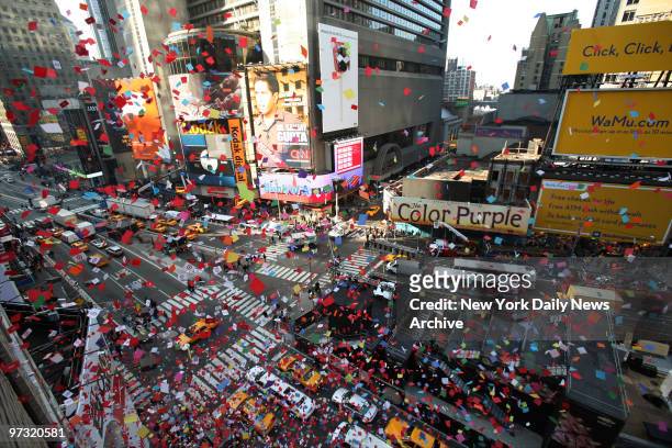Members of the Times Square Alliance and Countdown Entertainment conduct the annual "airworthiness test" of confetti that will be used for the New...