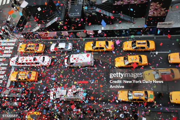 Members of the Times Square Alliance and Countdown Entertainment conduct the annual "airworthiness test" of confetti that will be used for the New...