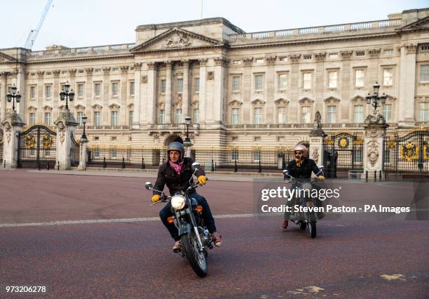 Customised Royal Enfield fleet outside Buckingham Palace for the Elephant Family's 'Concours dâÃ©lÃ©phantâ dawn raid during the photocall in London....