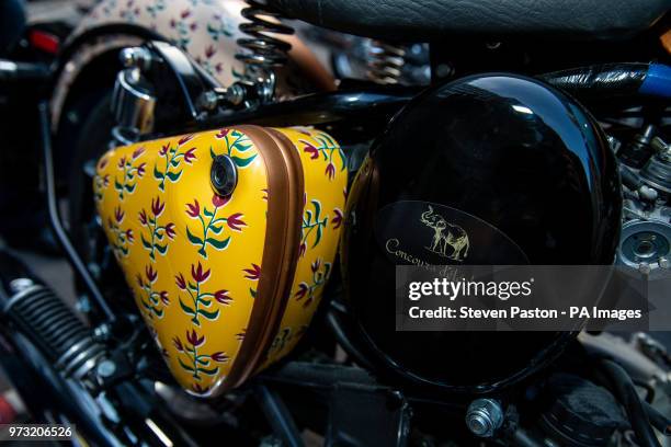 Details of the customised Royal Enfield fleet for the Elephant Family's 'Concours dâÃ©lÃ©phantâ dawn raid during the photocall in London. PRESS...