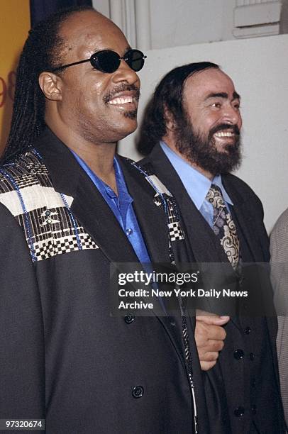 Stevie Wonder and Luciano Pavarotti team up at news conference at the Metropolitan Pavillion. Wonder, Pavarotti and Spike Lee announced a charity...