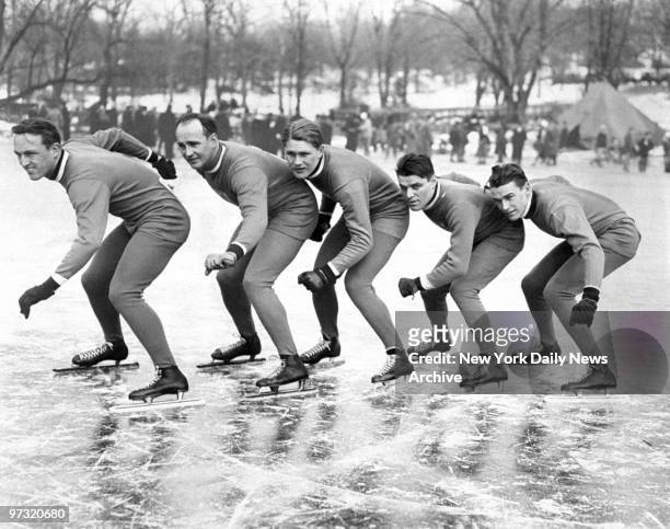 Members of the U.S. Olympic skating team, Leo Freisinger, Allan Potts, Bob Peterson, Eddie Schroeder and Delbert Lamb at the Middle Atlantic Speed...