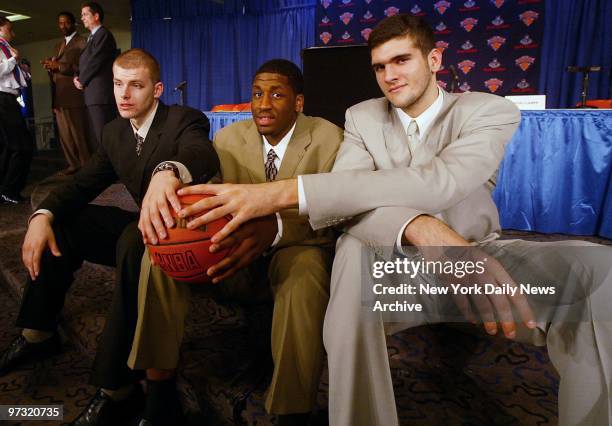 New York Knicks' new draft selections Maciej Lampe, Michael Sweetney and Slavko Vranes get together during a news conference the Knicks held this...