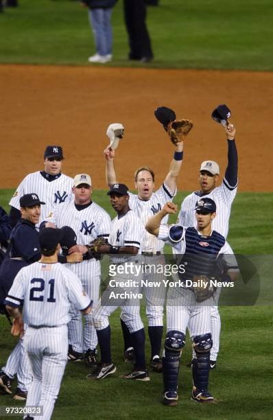 New York Yankees' Todd Greene , Alfonso Soriano , Scott Brosius , Jorge Posada and David Justice celebrate at end of ninth inning as Yanks defeat the...