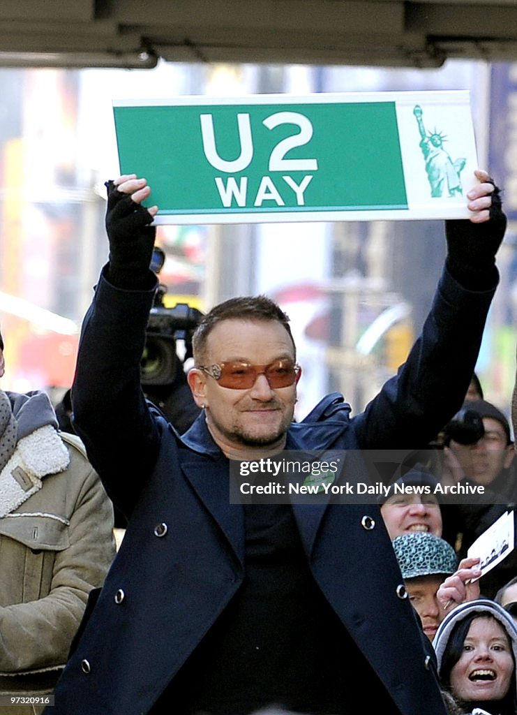 Bono Graduation U2 lead singer Bono at the dedication of 53rd & Broadway to U2 Way ...