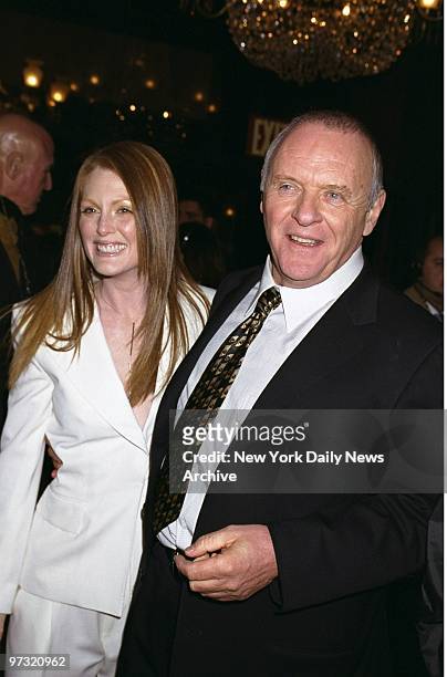Julianne Moore and Anthony Hopkins get together at the New York premiere of the movie "Hannibal "at the Ziegfeld Theater. They co-star in the film.