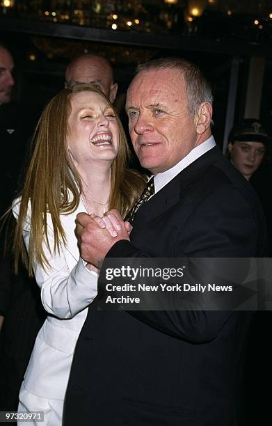 Julianne Moore and Anthony Hopkins get together at the New York premiere of the movie "Hannibal "at the Ziegfeld Theater. They co-star in the film.