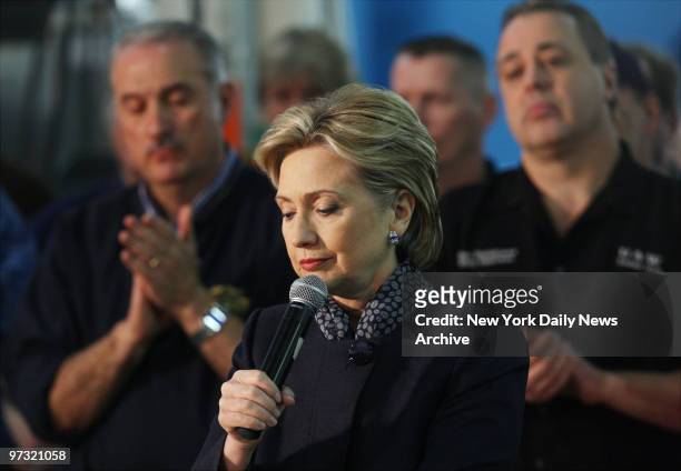 Democratic presidential candidate Sen. Hillary Rodham Clinton speaks with hundreds of auto workers as she makes a campaign stop at a General Motors...