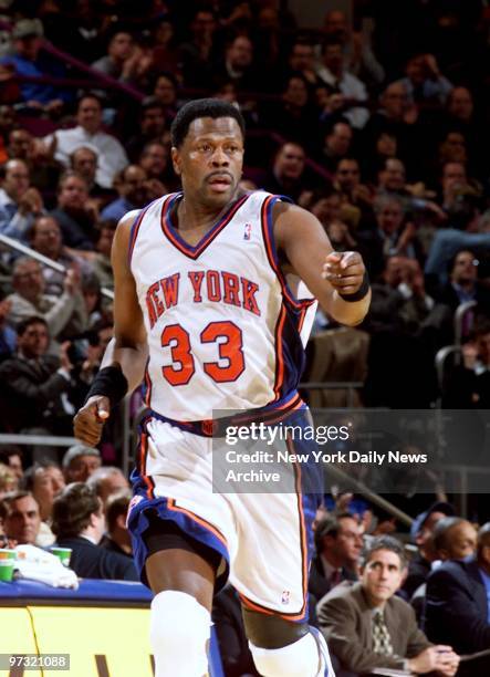 New York Knicks' Patrick Ewing is pumped up after scoring against the Portland Trail Blazers at Madison Square Garden. The Knicks beat the Trail...