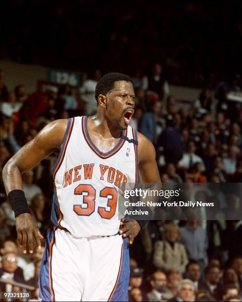 New York Knicks' Patrick Ewing objects to a foul call in game against the Miami Heat at Madison Square Garden.