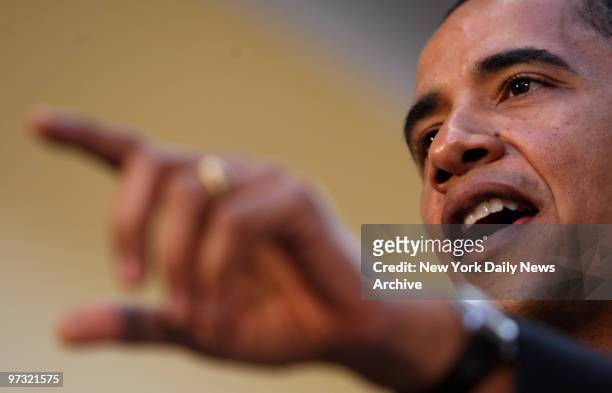 Democratic Presidential hopeful Barack Obama answers questions during a press availability after a town hall style meeting with veterans at the...