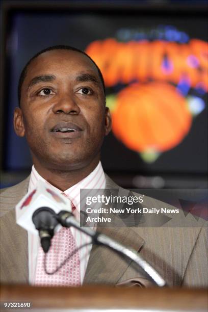New York Knicks' president Isiah Thomas speaks during a noon news conference in the Theater at Madison Square Garden, where he formally introduced...