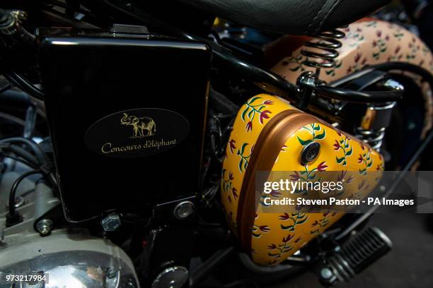 Details of the customised Royal Enfield fleet for the Elephant Family's 'Concours dâÃ©lÃ©phantâ dawn raid during the photocall in London. PRESS...