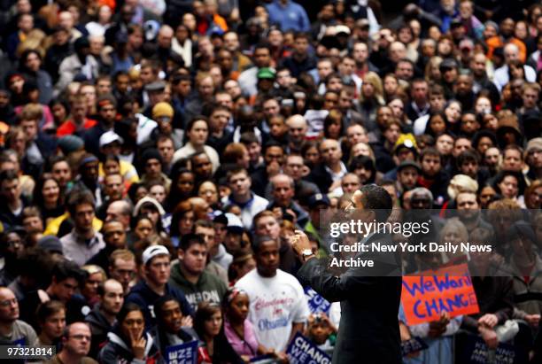 Democratic Presidential hopeful Barack Obama speaks to a gathering of supporters at the Cleveland Convention Center.