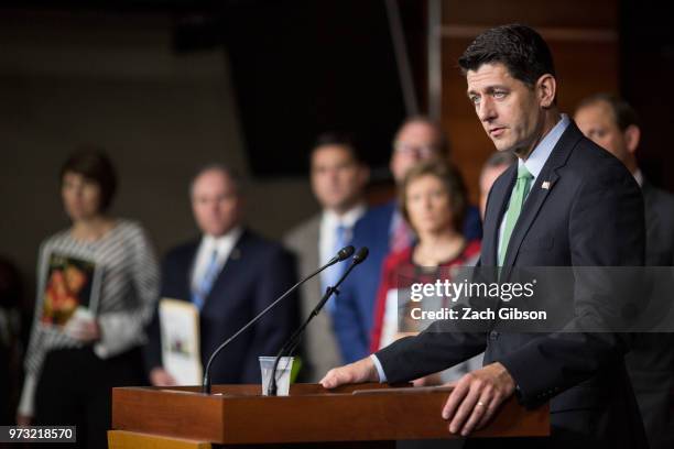 House Speaker Paul Ryan speaks during a news conference following a Republican Conference meeting on Capitol Hill on June 13, 2018 in Washington, DC.