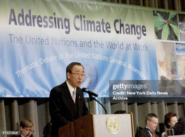 United Nations Secretary General Ban Ki-moon addresses participants during the start of a two-day conference on climate change, at the Trusteeship...