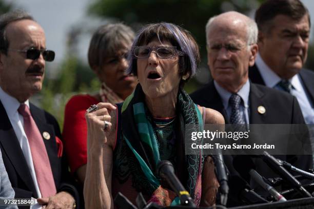 Rep. Rosa DeLauro,, speaks during a news conference on immigration to condemn the Trump Administration's "zero tolerance" immigration policy, outside...