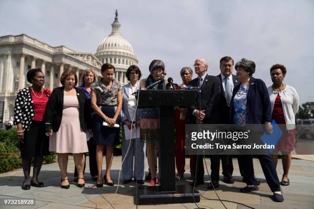 Rep. Rosa DeLauro, speaks during a news conference on immigration to condemn the Trump Administration's "zero tolerance" immigration policy, outside...