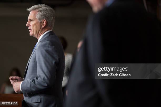 House Majority Leader Kevin McCarthy speaks during a news conference following a Republican Conference meeting on Capitol Hill on June 13, 2018 in...