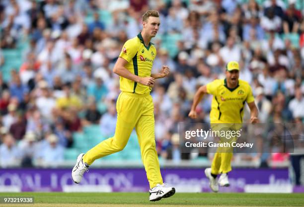 Billy Stanlake of Australia celebrates dismissing Jason Roy of England during the 1st Royal London ODI match between England and Australia at The Kia...