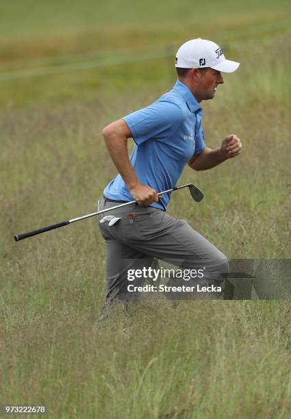 Webb Simpson of the United States runs through fescue during a practice round prior to the 2018 U.S. Open at Shinnecock Hills Golf Club on June 13,...