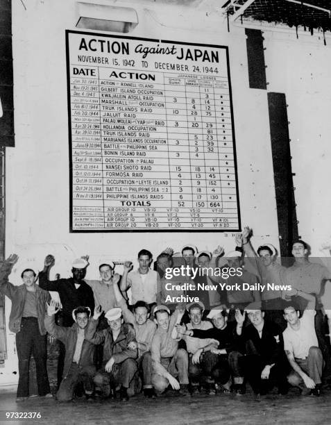 Group of New York sailors poses before one of the tabulation boards on the carrier U.S.S. Enterprise which shows the war record of the huge ship.